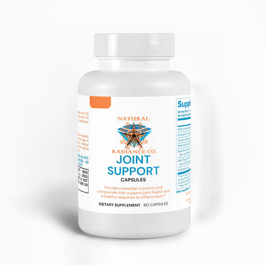 Joint support supplement bottle with 60 capsules for promoting joint health, featuring MSM, GlucosaGreen®, turmeric, and Boswellia extract.