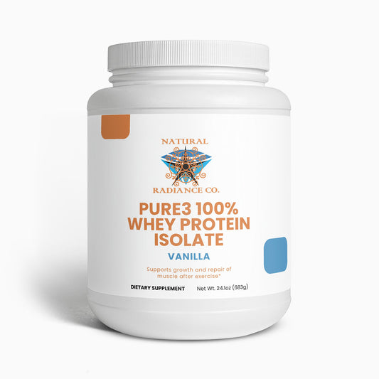 Pure3 100% Whey Protein Isolate vanilla flavor dietary supplement for muscle growth and recovery, gluten-free, vegetarian, non-GMO, 24.1oz container