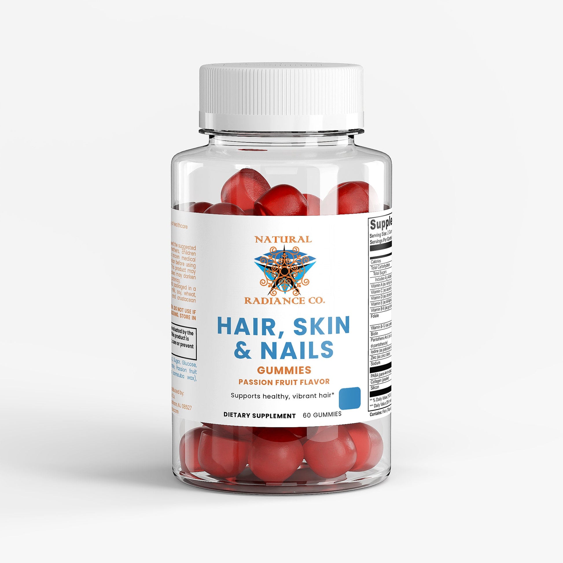 Bottle of Natural Radiance Co. Hair, Skin & Nails Gummies with passion fruit flavor, containing 60 red gummies dietary supplement.