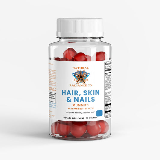 Bottle of Natural Radiance Co. Hair, Skin & Nails Gummies with passion fruit flavor, containing 60 red gummies dietary supplement.