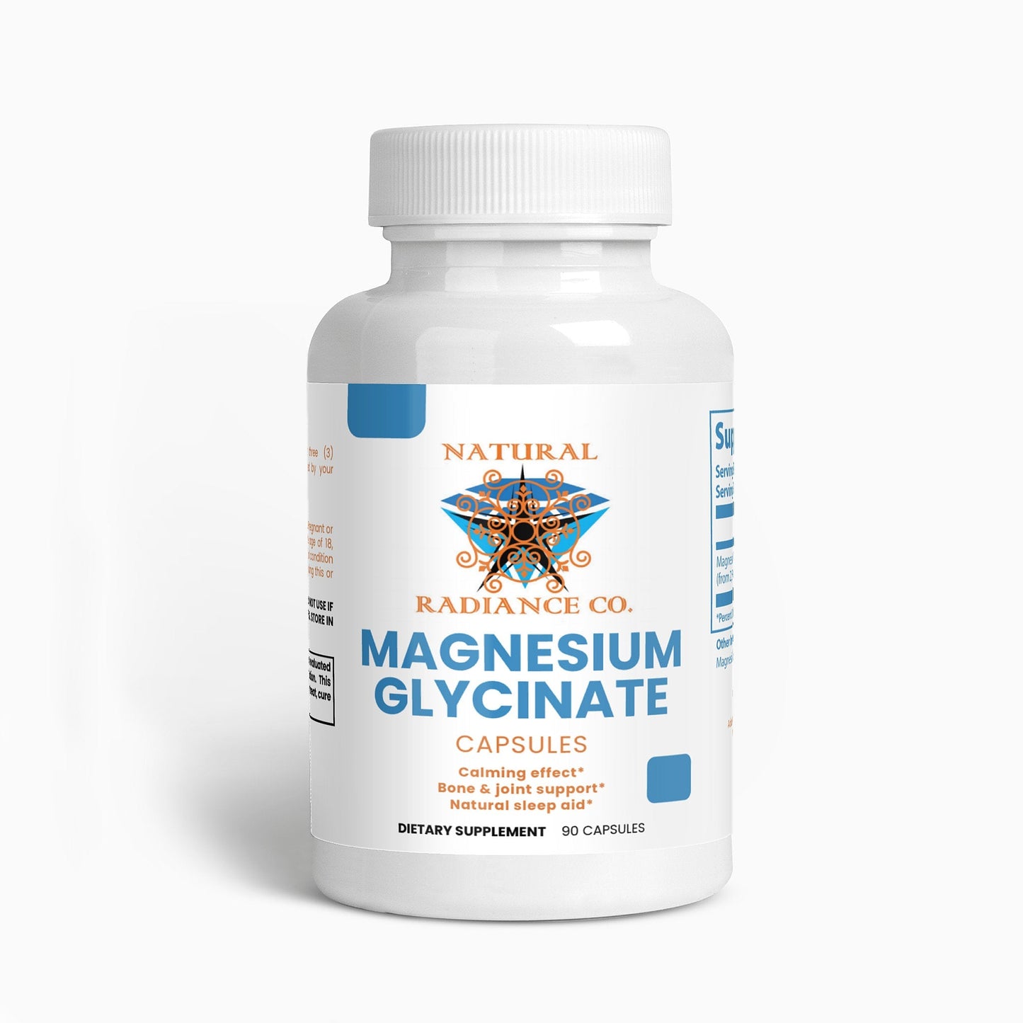 Bottle of Natural Radiance Co. Magnesium Glycinate supplements with 90 capsules for calming effect and sleep support