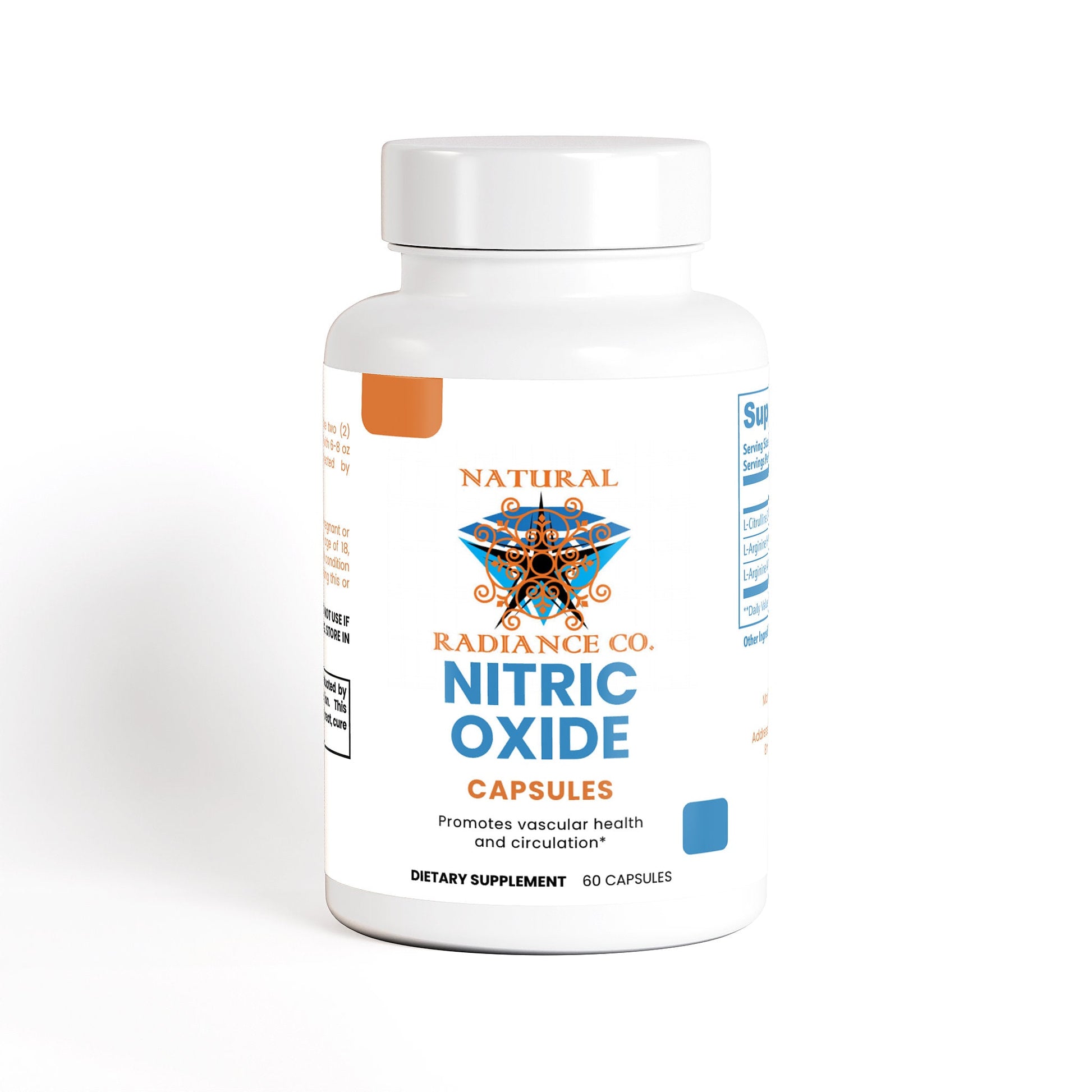 Bottle of Natural Radiance Co. Nitric Oxide capsules dietary supplement for vascular health and circulation, 60 capsules