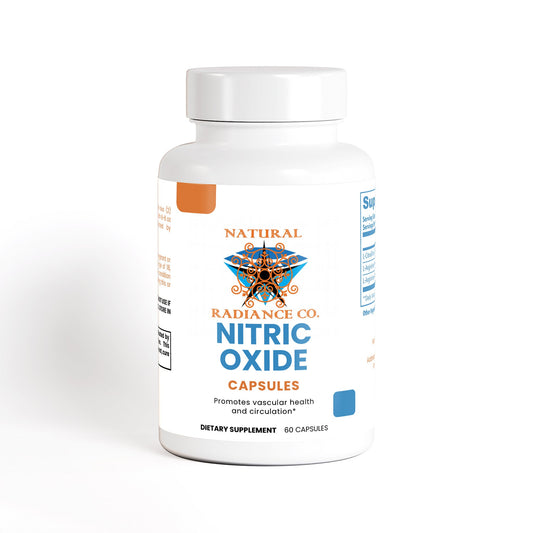 Bottle of Natural Radiance Co. Nitric Oxide capsules dietary supplement for vascular health and circulation, 60 capsules
