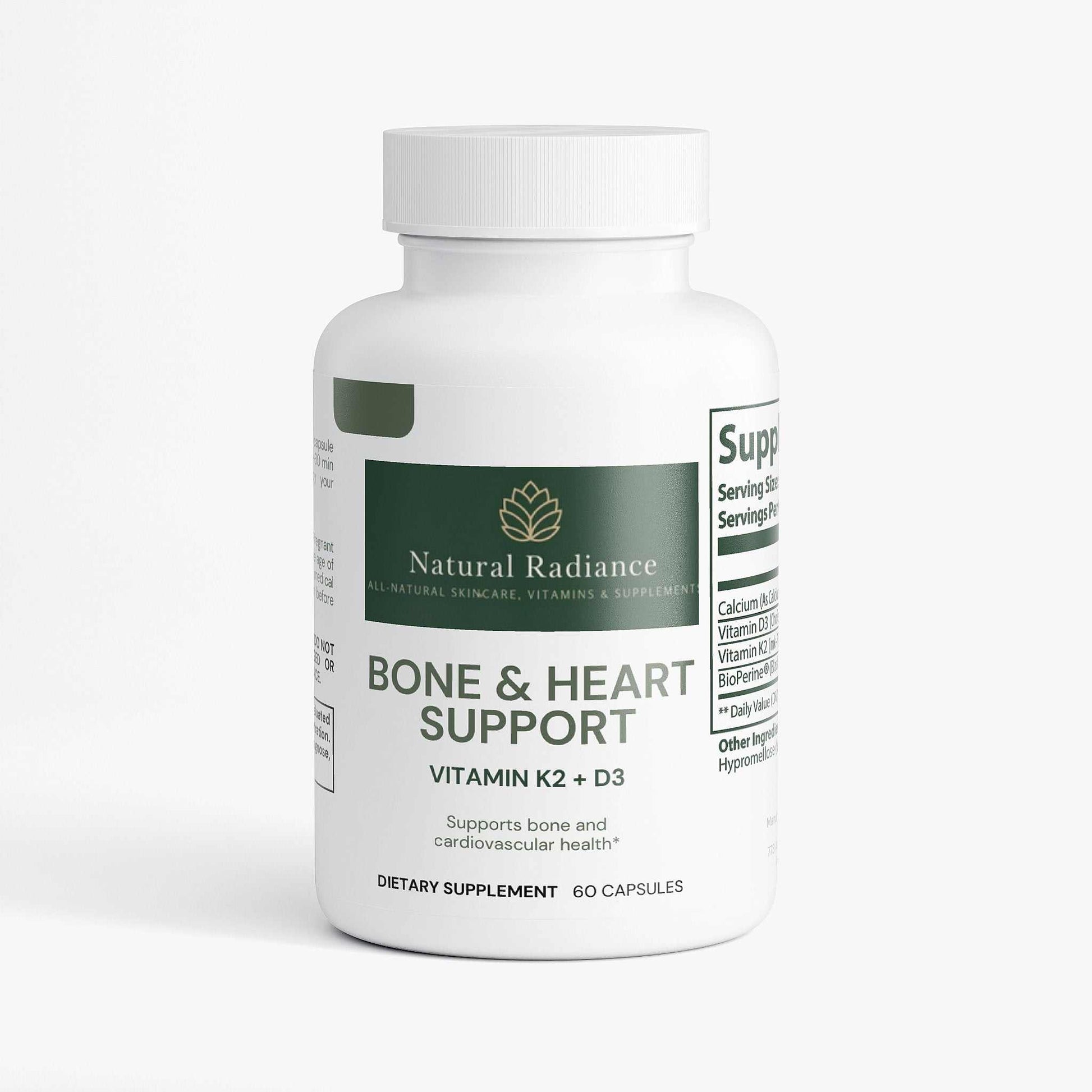 Bone & Heart Support supplement icons showing gluten-free, lactose-free, allergen-free, and hormone-free certifications