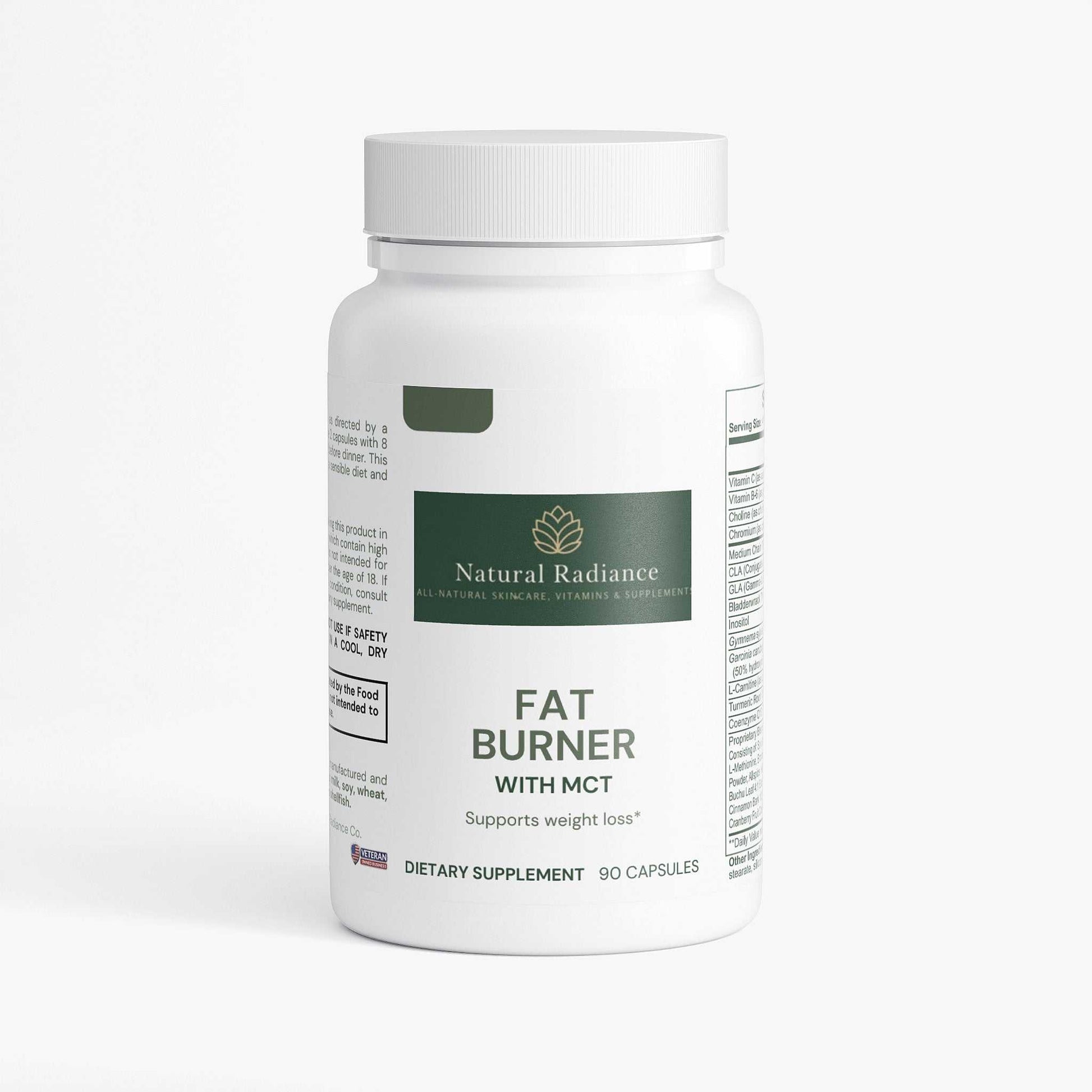 Bottle of Fat Burner with MCT supplement featuring natural metabolic ingredients and Non-GMO label