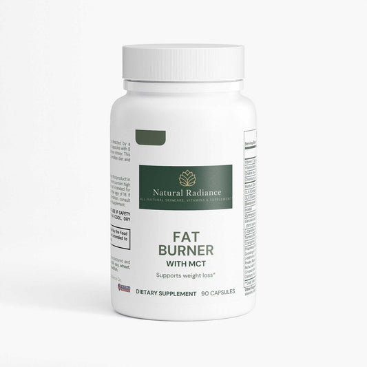 Bottle of Fat Burner with MCT supplement featuring natural metabolic ingredients and Non-GMO label