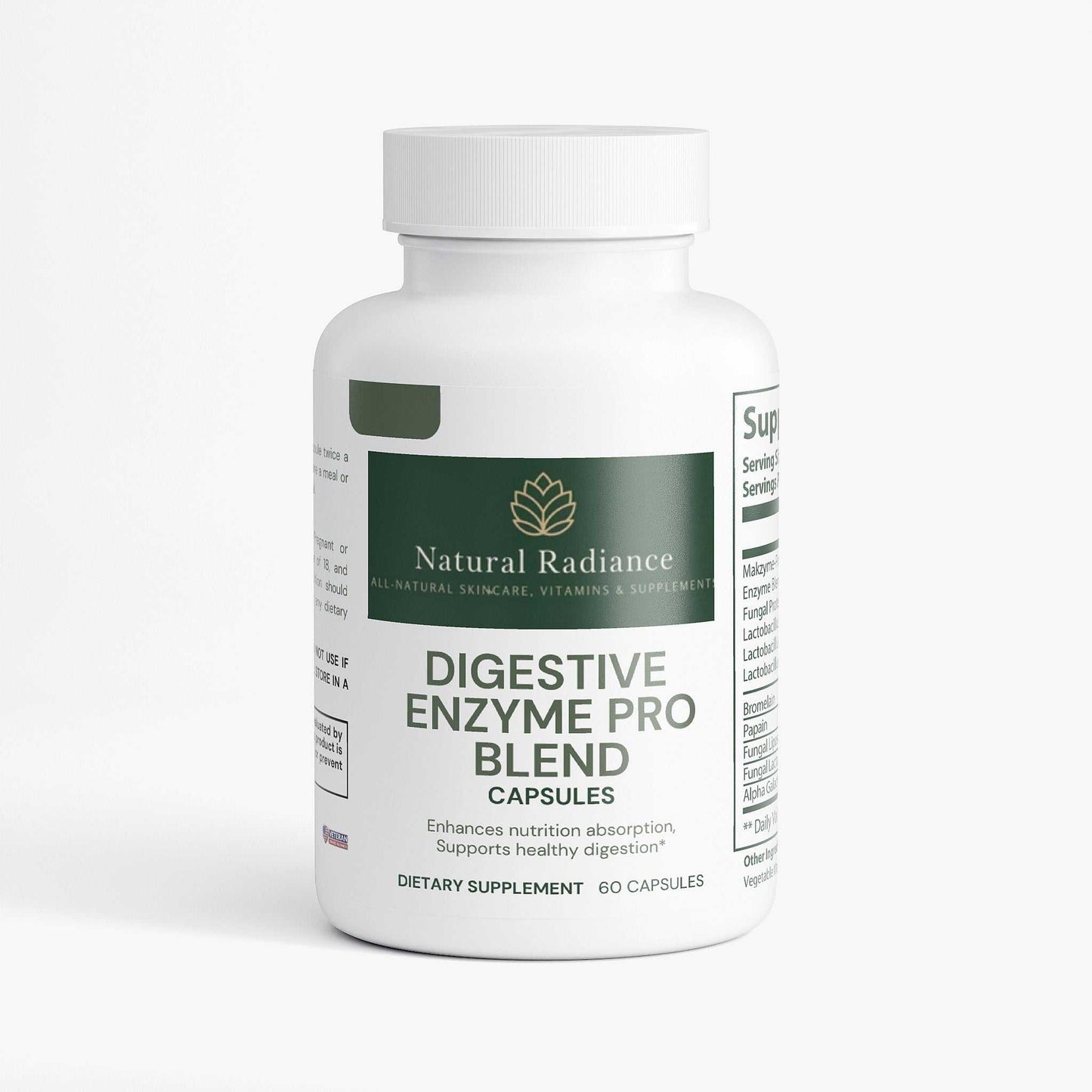 Digestive Enzyme Pro Blend supplement with natural, vegan, gluten-free, lactose-free, and allergen-free icons