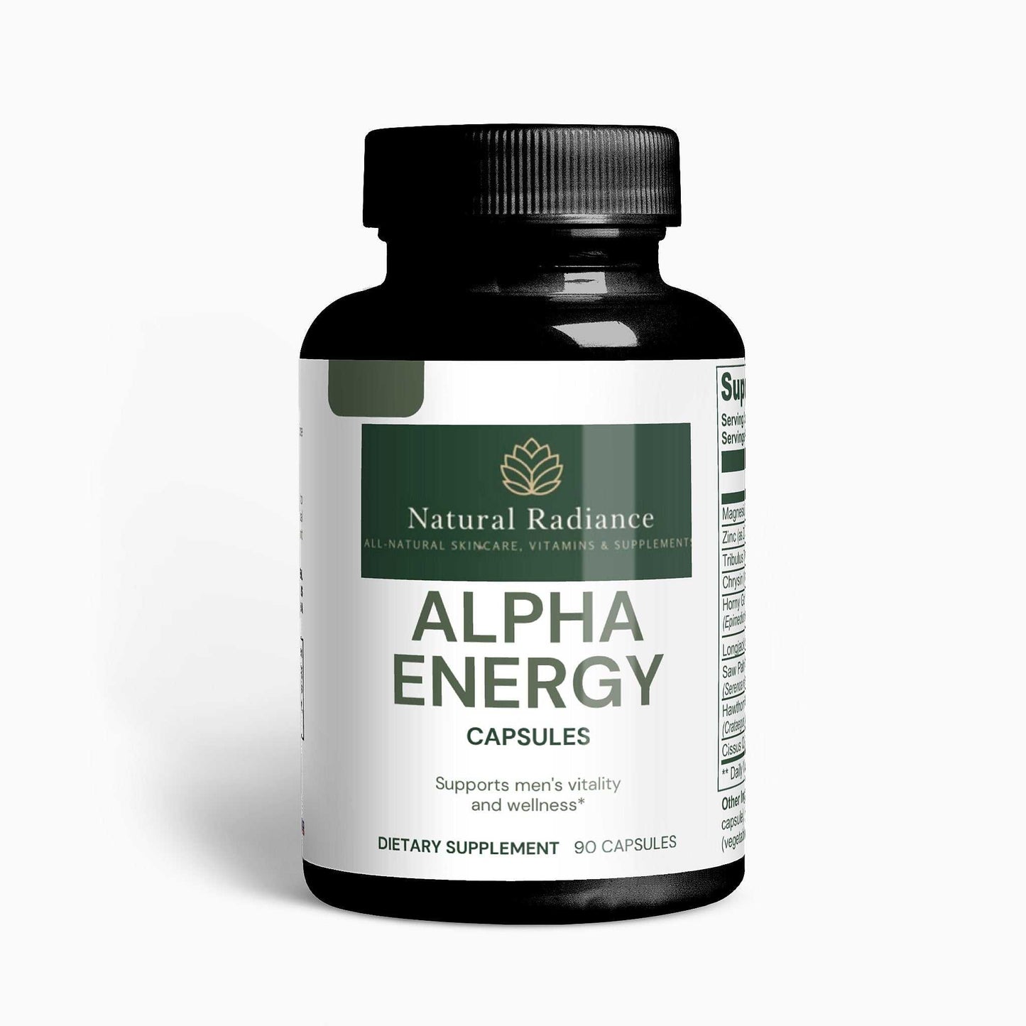 Alpha Energy dietary supplement icons showing gluten-free, vegetarian, lactose-free, allergen-free, hormone-free, all natural, vegan friendly, and sugar-free benefits
