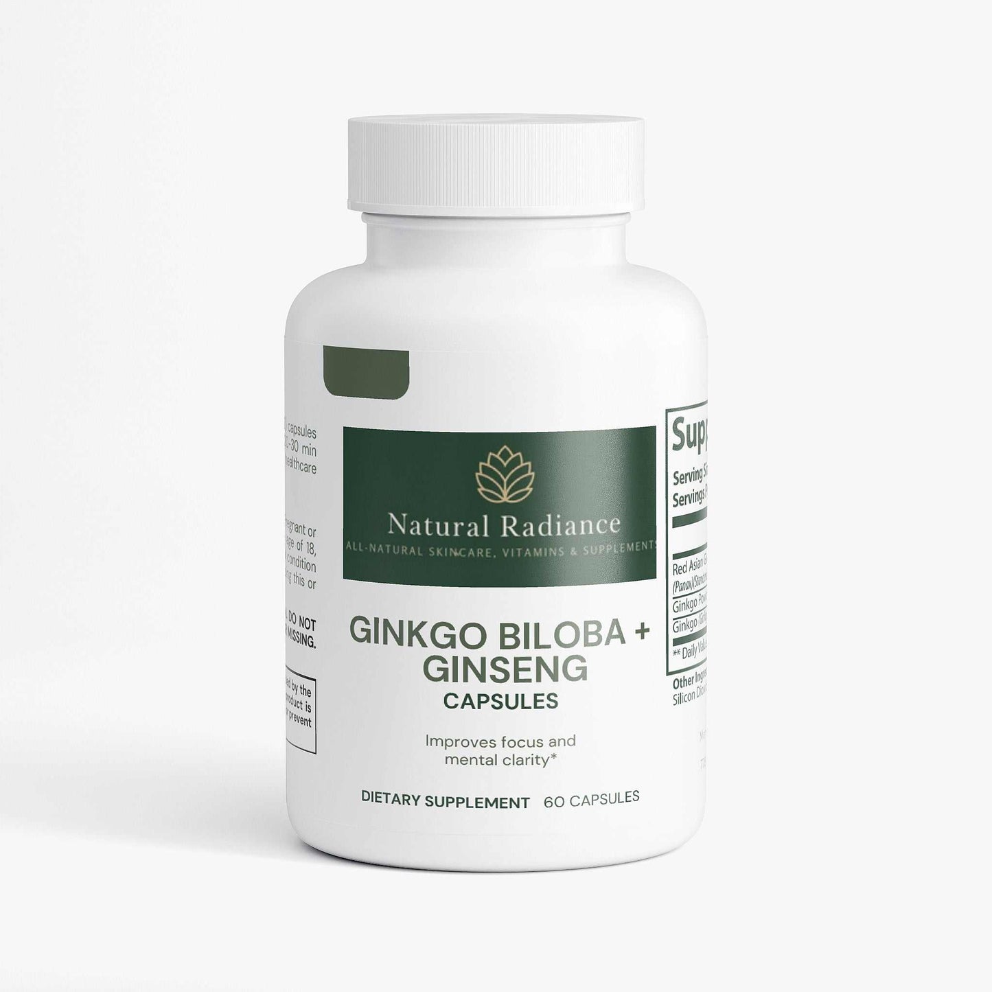 Ginkgo Biloba and Ginseng supplement with natural, allergen-free, vegan, and non-GMO icons