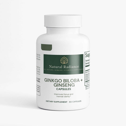 Ginkgo Biloba and Ginseng supplement with natural, allergen-free, vegan, and non-GMO icons