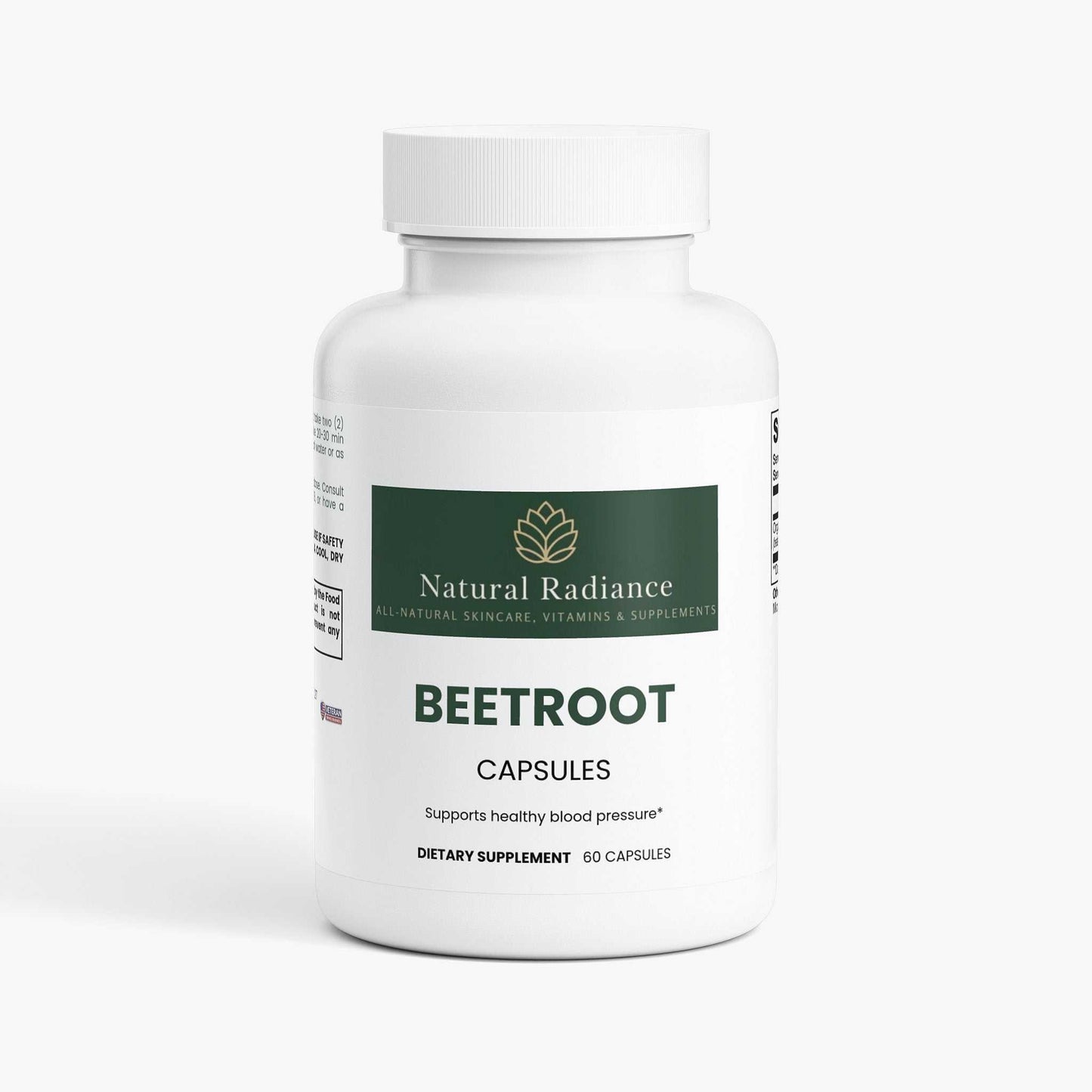 Beetroot capsules with gluten-free, vegetarian, lactose-free, allergen-free, hormone-free, antibiotic-free, corn-free, and vegan-friendly icons
