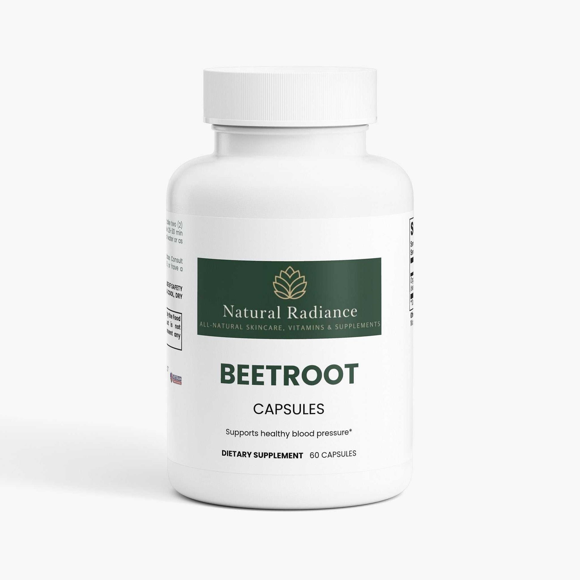 Beetroot capsules with gluten-free, vegetarian, lactose-free, allergen-free, hormone-free, antibiotic-free, corn-free, and vegan-friendly icons
