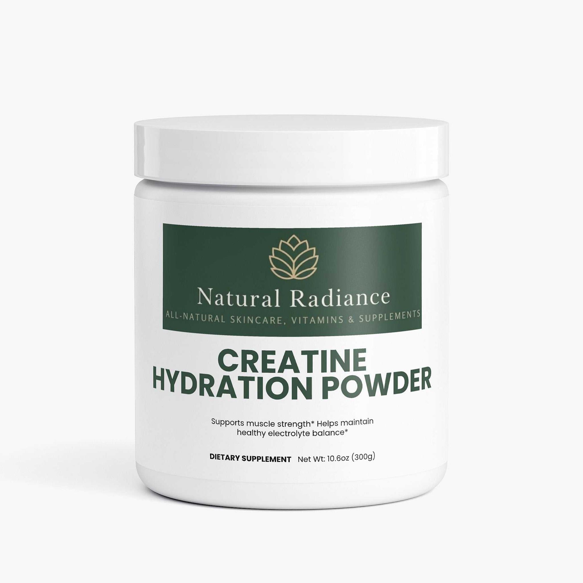 Creatine Hydration Powder icons showing gluten-free, lactose-free, allergen-free, antibiotic-free, hormone-free, alcohol-free, and halal certifications