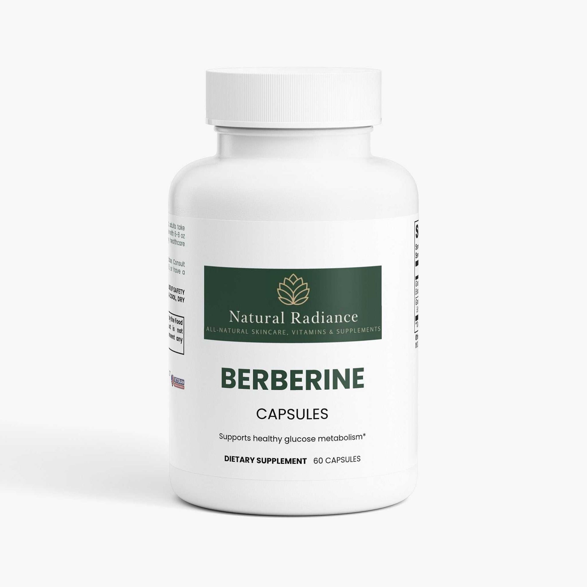 Berberine capsules gluten-free, vegetarian, allergen-free, non-GMO, and vegan friendly icons