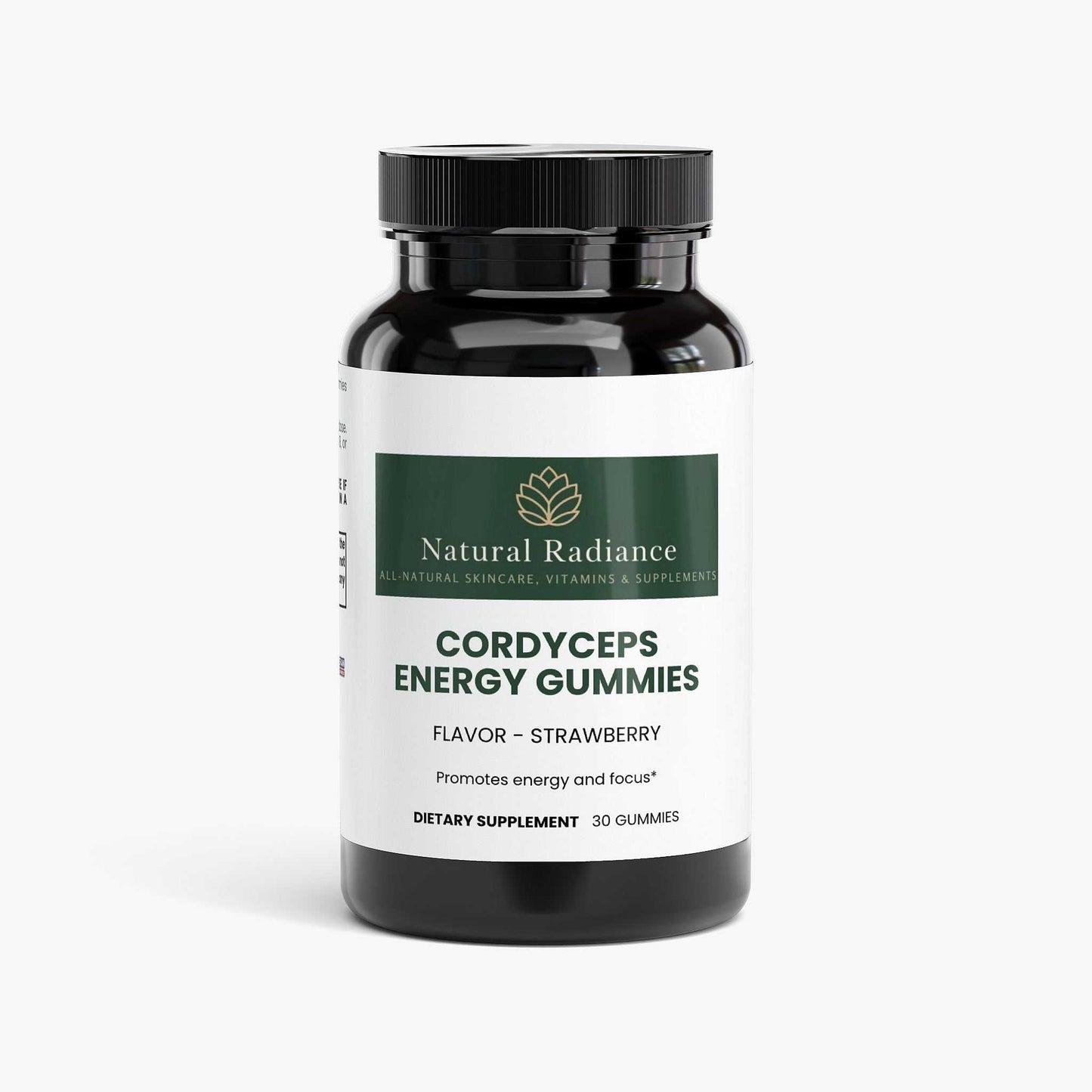 Cordyceps Energy Gummies icons showing non-GMO, gluten-free, lactose-free, allergen-free, antibiotic-free, hormone-free, alcohol-free, vegetarian, and vegan-friendly labels