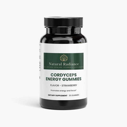 Cordyceps Energy Gummies icons showing non-GMO, gluten-free, lactose-free, allergen-free, antibiotic-free, hormone-free, alcohol-free, vegetarian, and vegan-friendly labels