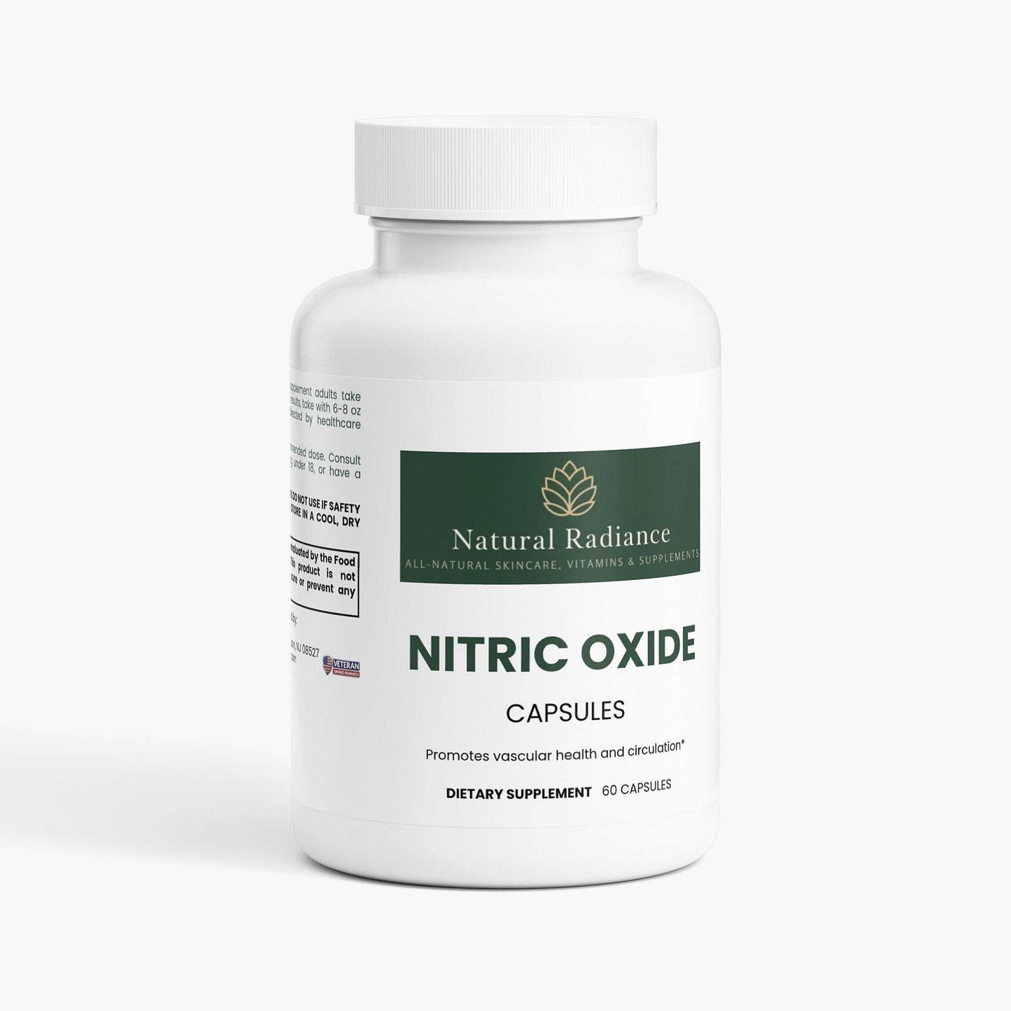 Nitric Oxide supplement icons for gluten-free, vegetarian, allergen-free, non-GMO, and vegan-friendly benefits