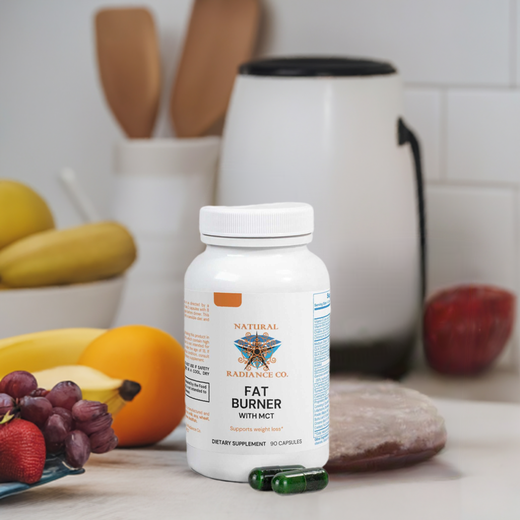 Fat Burner with MCT supplement bottle on kitchen counter with fruits in the background.
