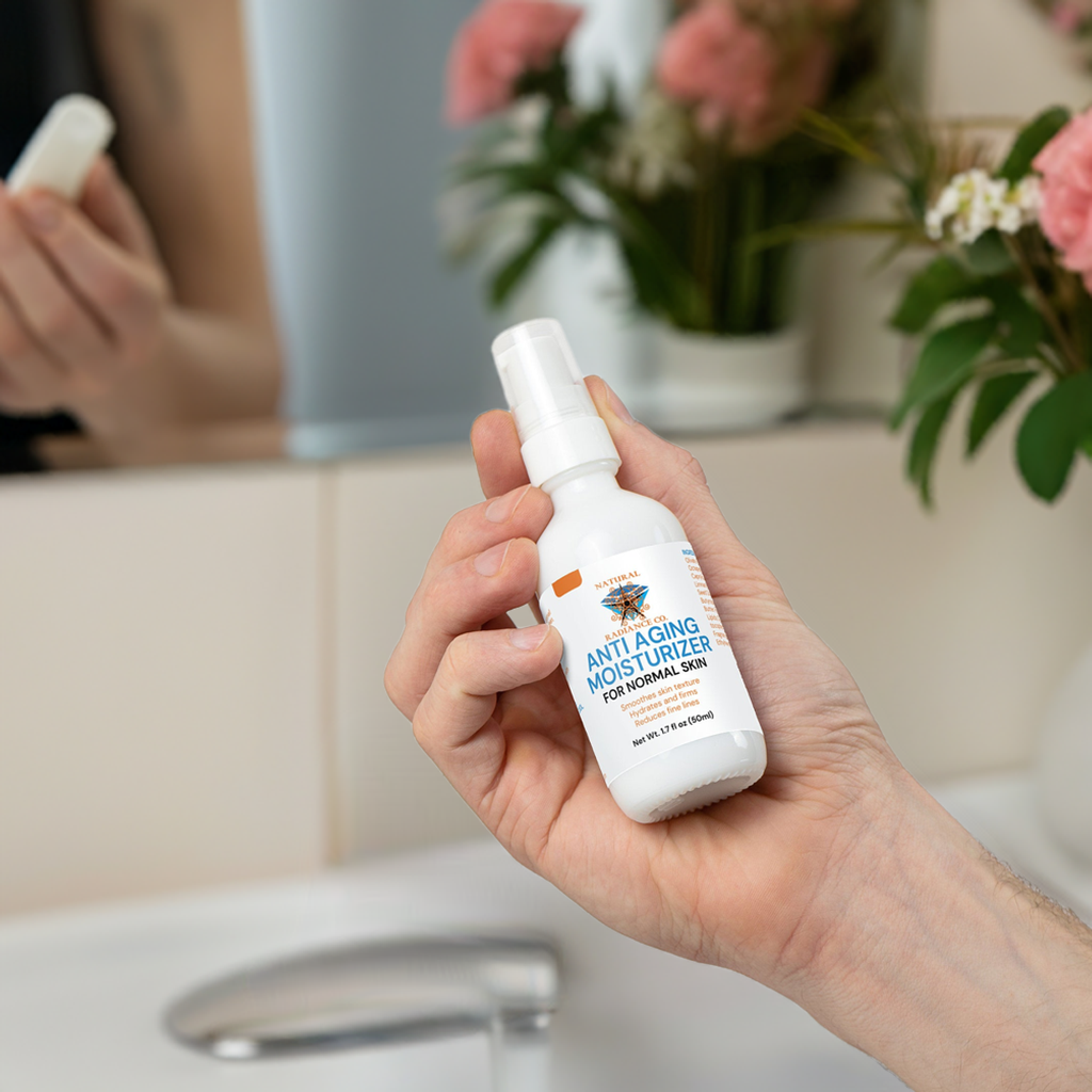 Anti Aging Moisturizer bottle held in hand, targeting normal skin.