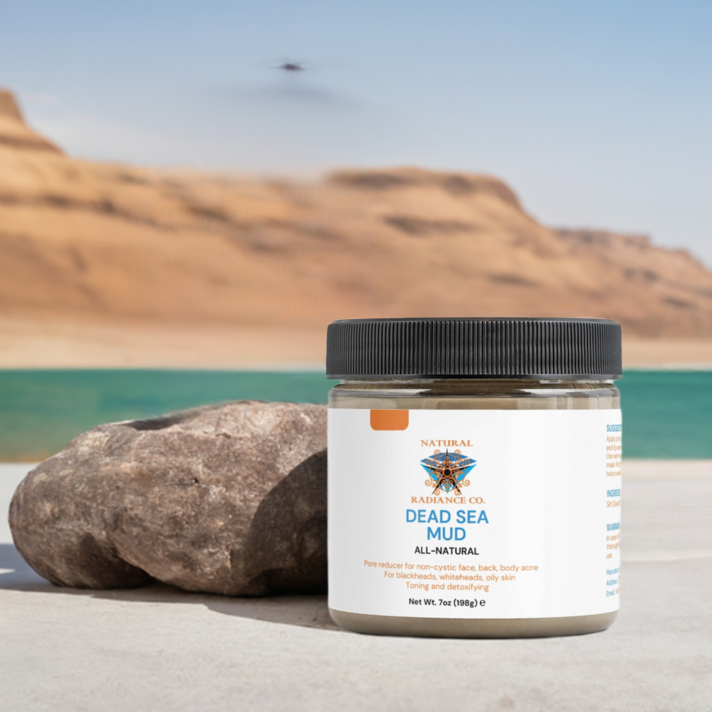 Dead Sea Mud jar placed outdoors with desert landscape and sea background.