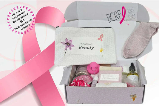 Breast Cancer Awareness Gift Box with relaxation spa items and BCRF donation note.