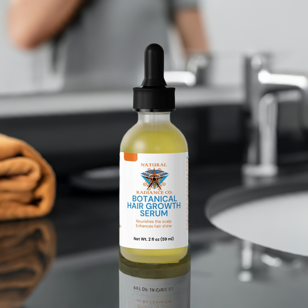 Botanical Hair Growth Serum bottle on bathroom counter with dropper.