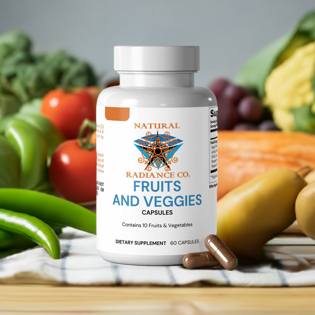 Apple Fiber Powder capsules for digestive and overall health, featuring fruits and vegetables blend.
