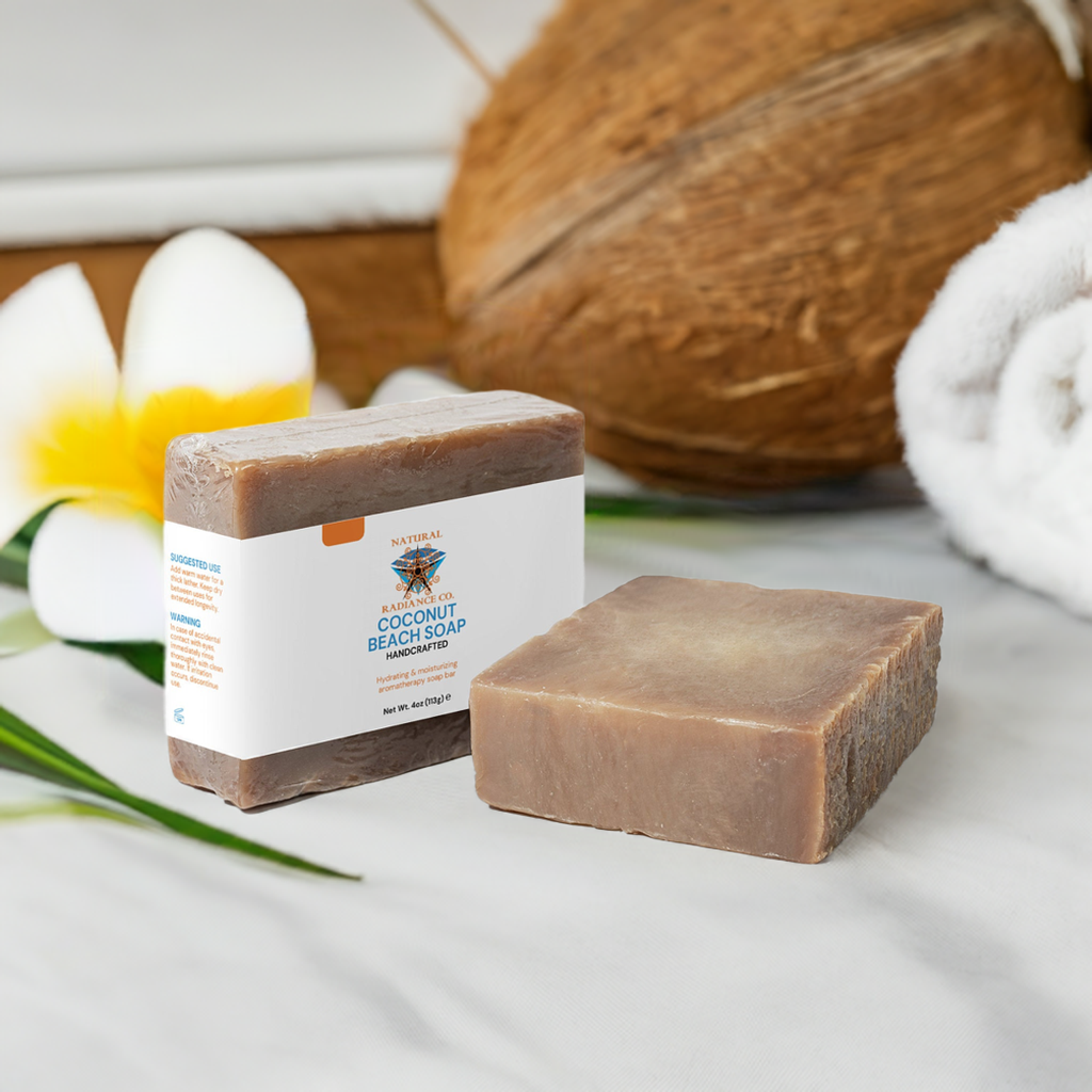 Coconut Beach Soap with tropical ingredients and floral accents, ideal for sensitive skin care.