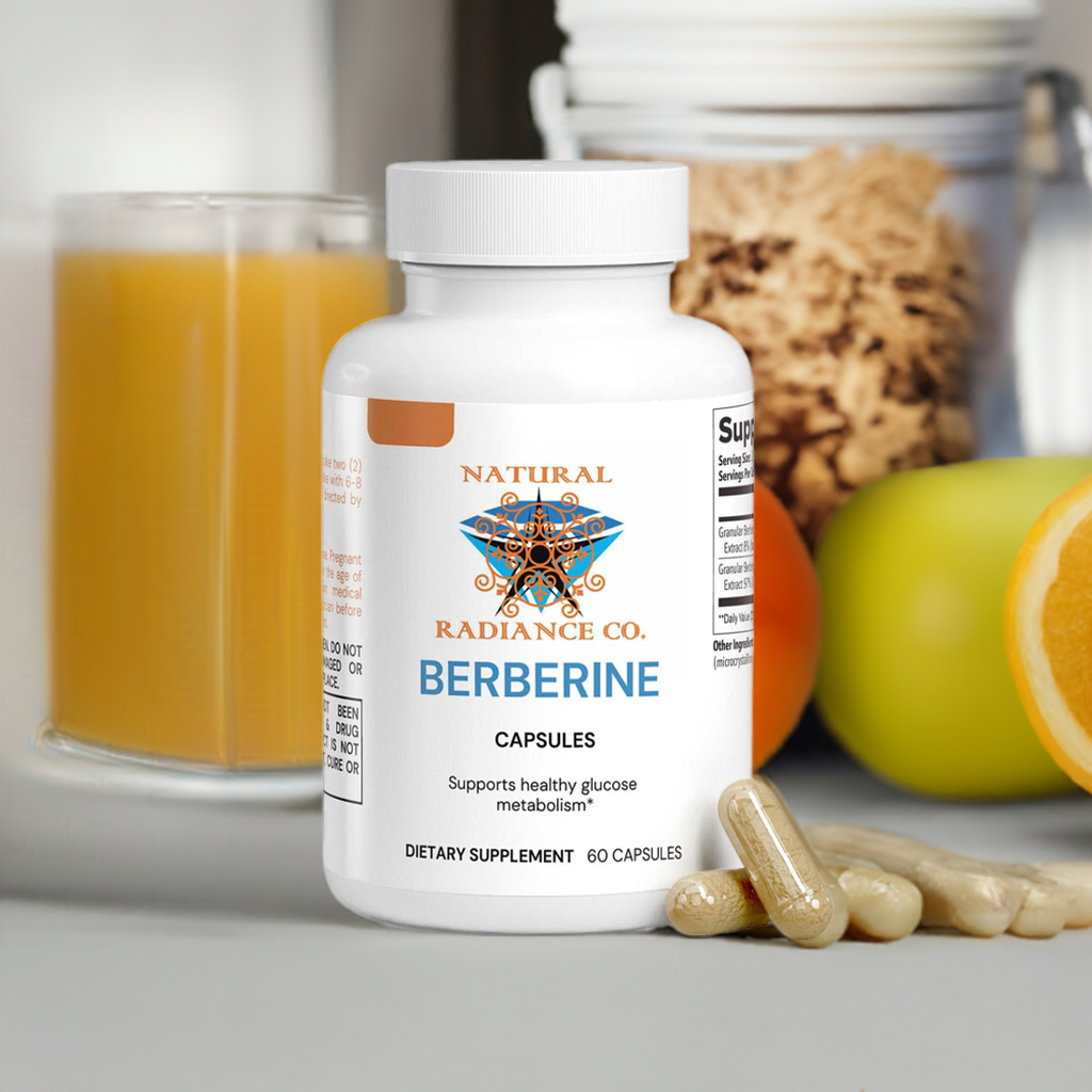 Berberine capsules for blood sugar and heart health, 60-count bottle, dietary supplement.