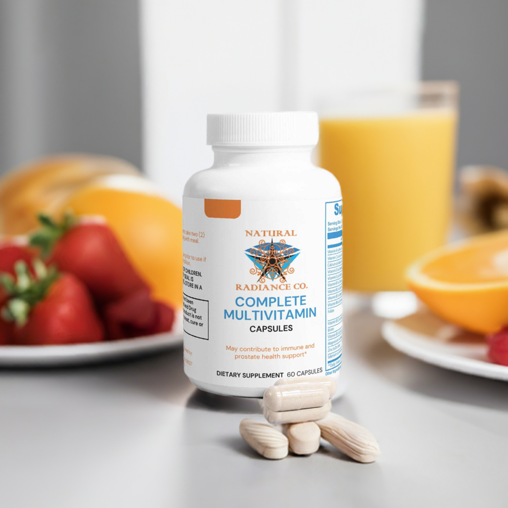 Complete Multivitamin bottle on a table with capsules, surrounded by fresh fruits and juice.