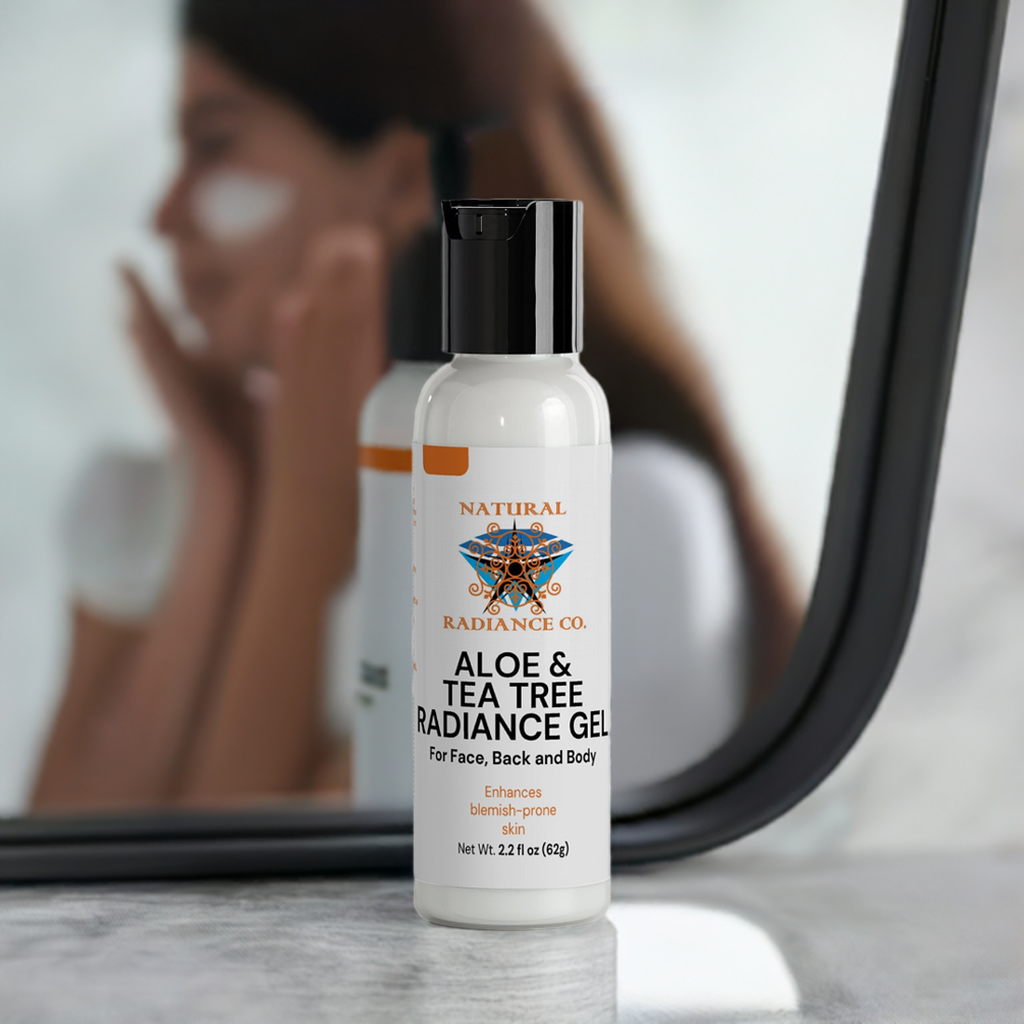 Aloe and Tea Tree Radiance Gel bottle for enhancing blemish-prone skin, 2.2 fl oz (62g).