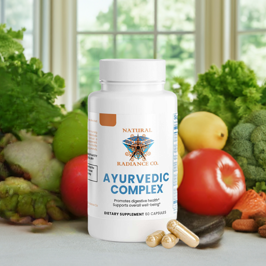 Ayurvedic Complex supplement bottle with herbal ingredients, promoting digestive health and wellbeing.