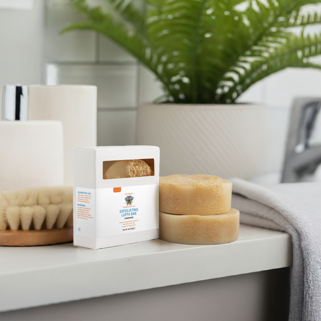 Exfoliating Luffa Bar on bathroom counter, ideal for skin rejuvenation with natural ingredients and eco-friendly benefits.