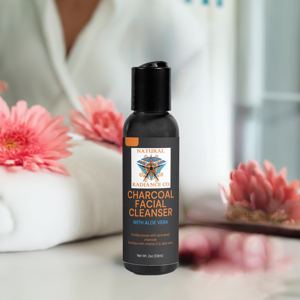 Charcoal Facial Cleanser bottle with aloe vera on a spa-like background.