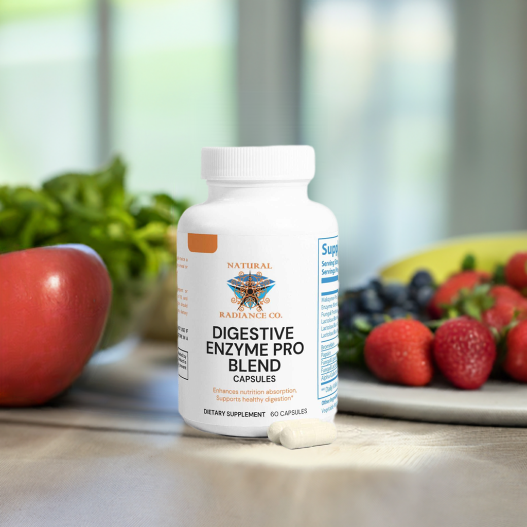 Digestive Enzyme Pro Blend bottle with capsules, surrounded by fresh fruits and vegetables, promoting nutrient absorption and healthy digestion.