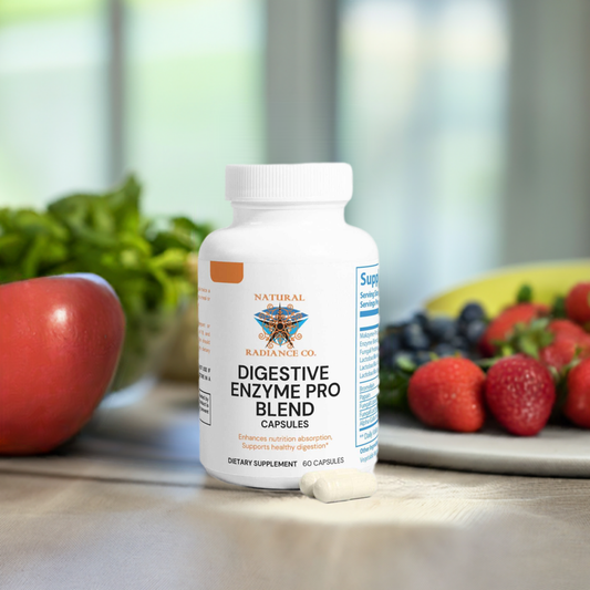 Digestive Enzyme Pro Blend bottle with capsules, surrounded by fresh fruits and vegetables, promoting nutrient absorption and healthy digestion.