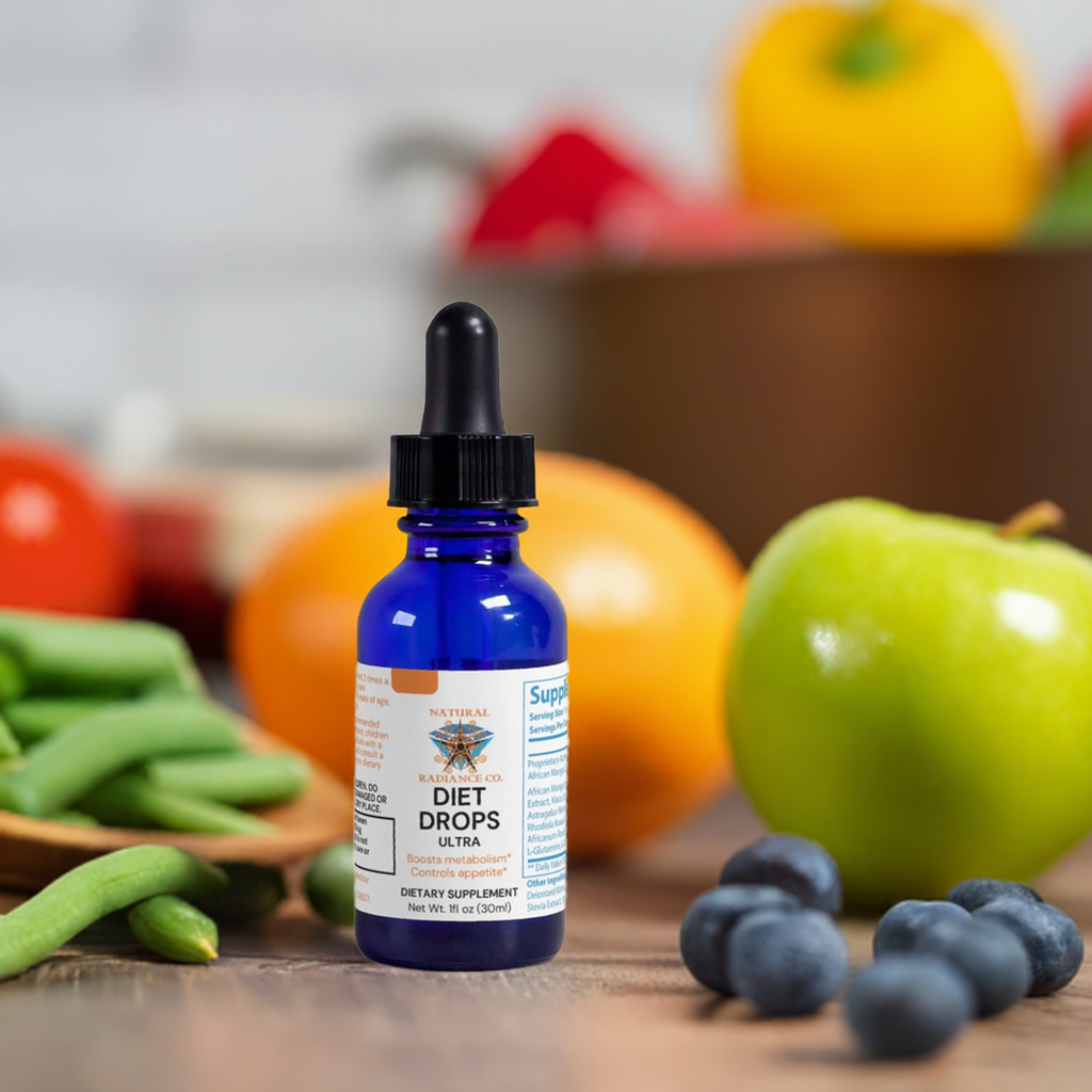 Diet Drops Ultra 1 oz bottle with fruits and vegetables in the background.