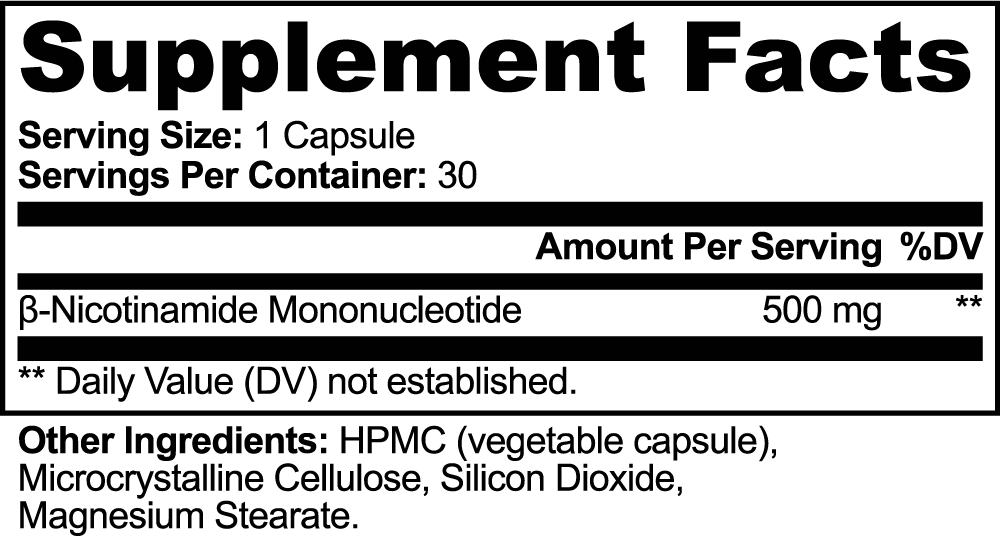 NMN Capsules dietary supplement icons including gluten-free, lactose-free, allergen-free, antibiotic-free, hormone-free, alcohol-free, vegan, vegetarian, and halal labels