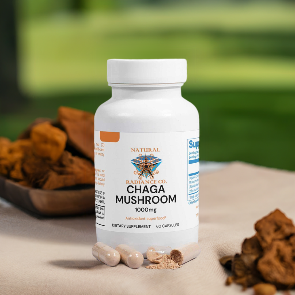 Chaga Mushroom Capsules with essential nutrients for body function support; 60 vegan capsules.