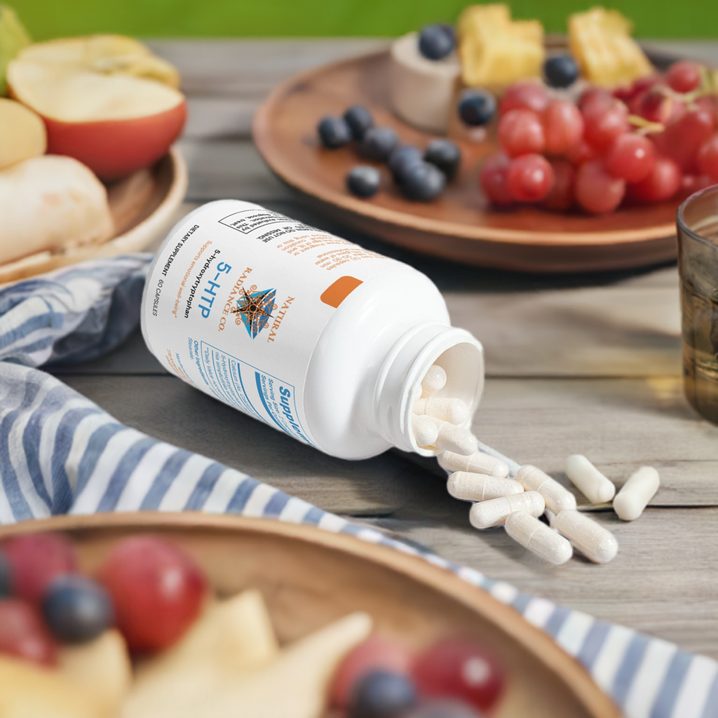 5-HTP capsules spilling from a bottle on a table, surrounded by fresh fruit.