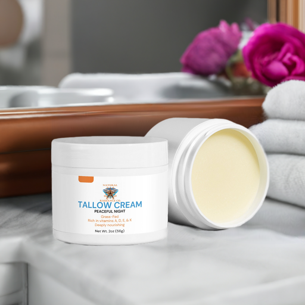 Tallow Cream Peaceful Night for luxurious skin hydration on bathroom counter with essential oils in background.