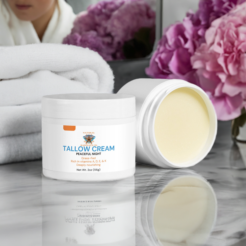 Tallow Cream Peaceful Night on a bathroom counter with pink flowers and fluffy towels in the background.