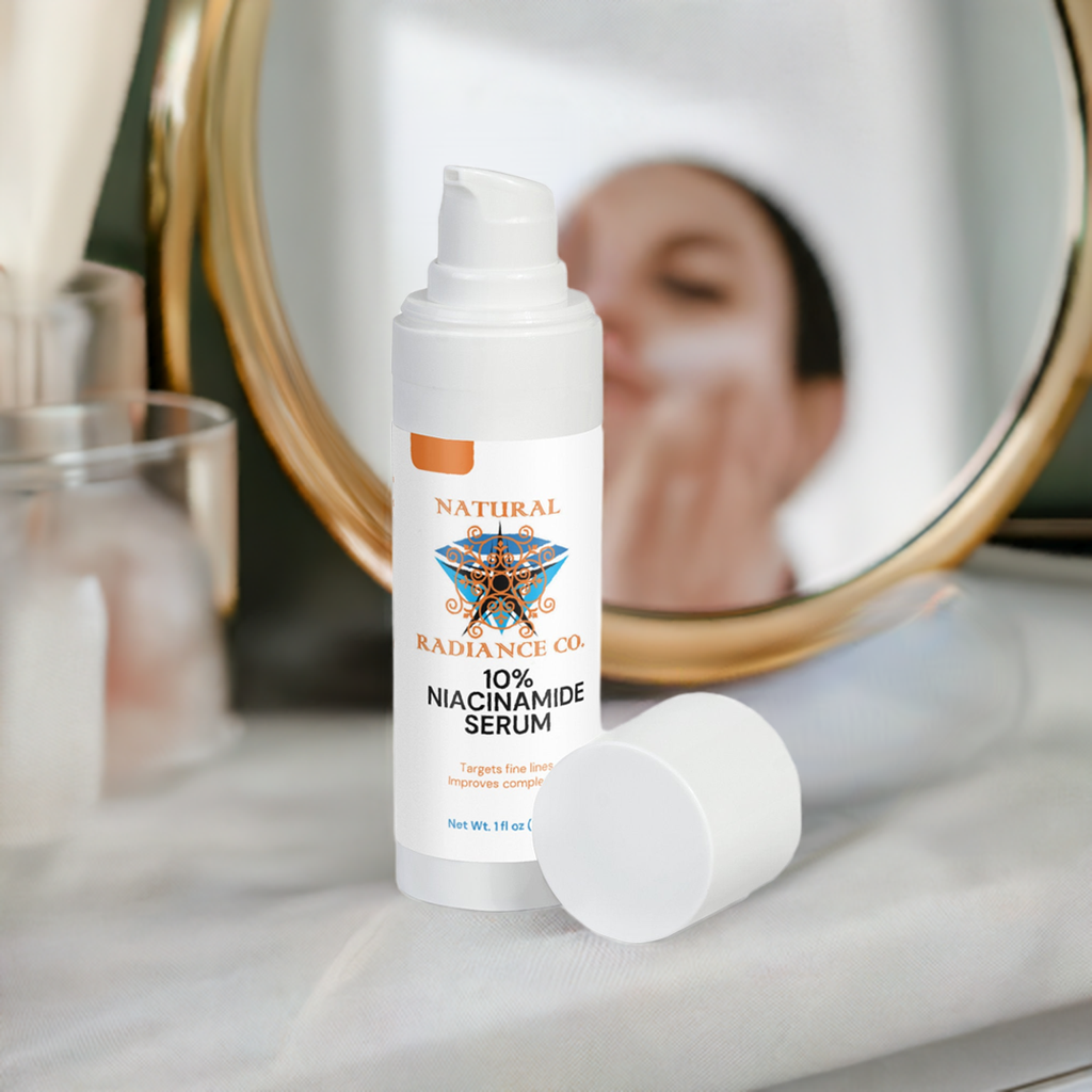10% Niacinamide Serum bottle on a vanity table near a mirror.