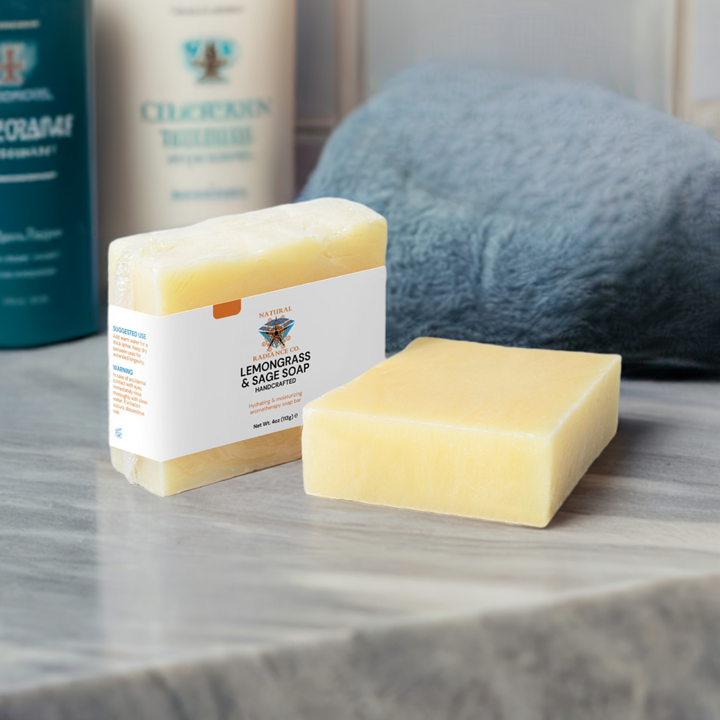 lemongrass and sage soap bar on bathroom countertop