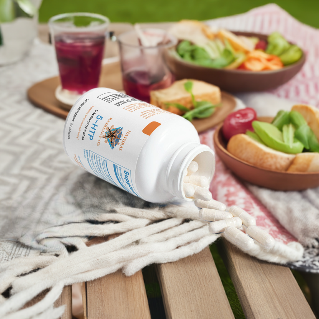 5-HTP supplement bottle with capsules, promoting emotional well-being and serotonin support.
