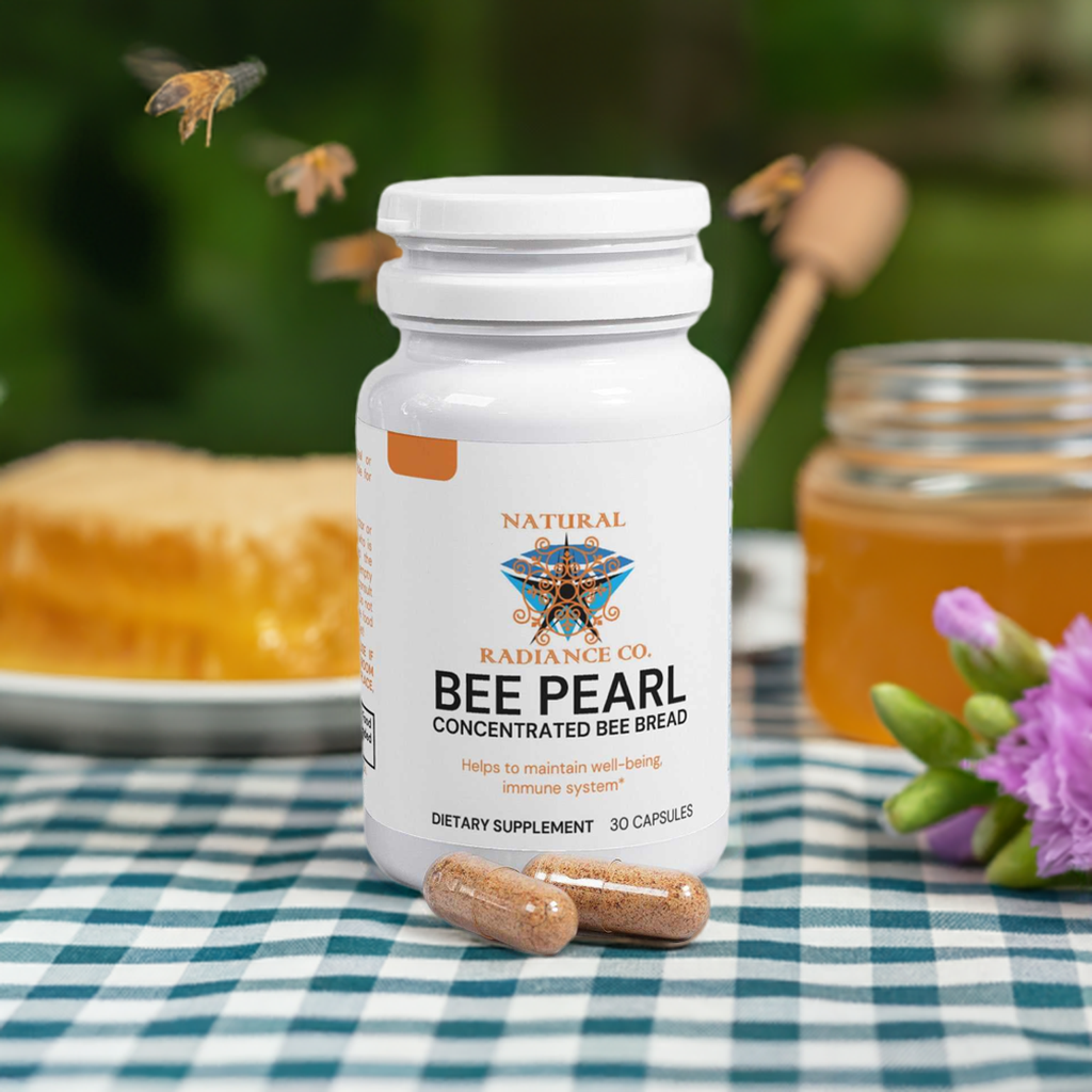 Bee Pearl supplement bottle on a table with honey and flowers in the background.
