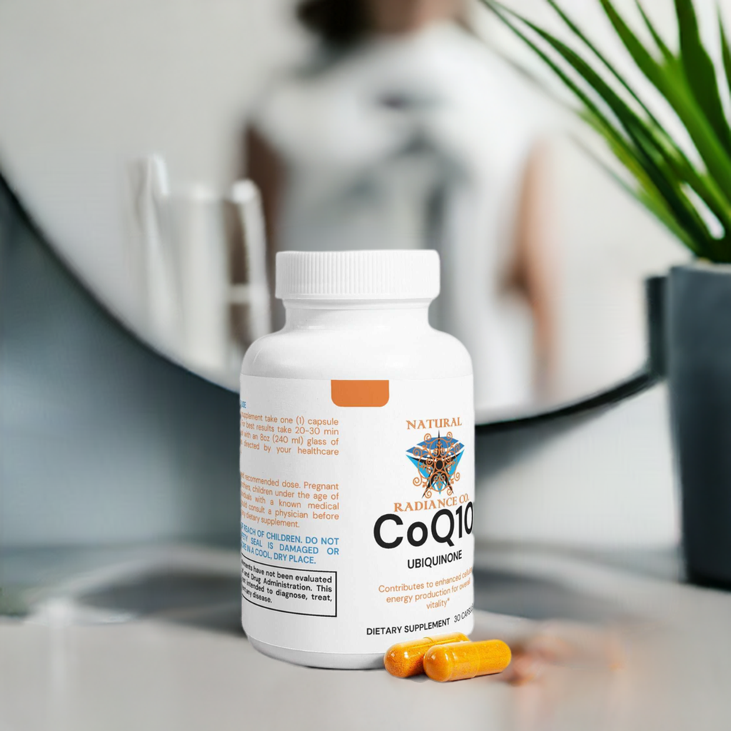 CoQ10 Ubiquinone supplement bottle with capsules; supports energy production and cell protection.